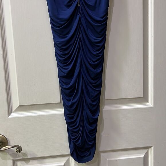 Alice + Olivia Women XS Stretchy Cowl Neck Form fitting Navy Blue Cocktail Dress - Picture 11 of 16